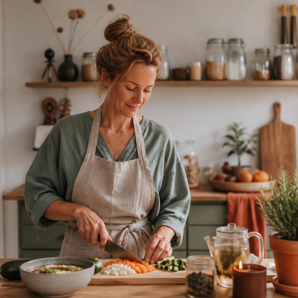 Maartje snijdt groenten in haar keuken