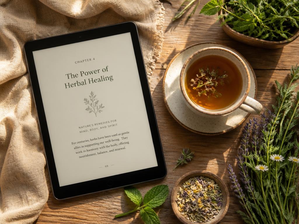 Het werkboek uitgeprint en op een tablet, naast kruidenthee